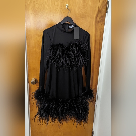 Black Mesh Ostrich Feather Dress - Picture 2 of 6